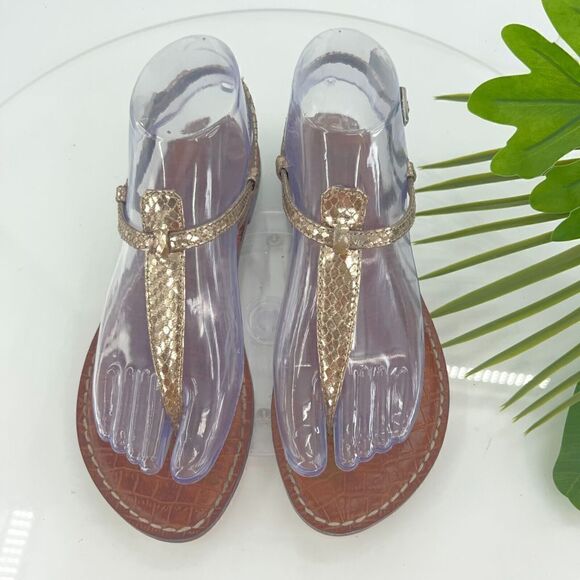 Sam Edelman Women Gigi Sandal Size 7 Thong Slingback Gold Snakeskin Vegan - Picture 1 of 12
